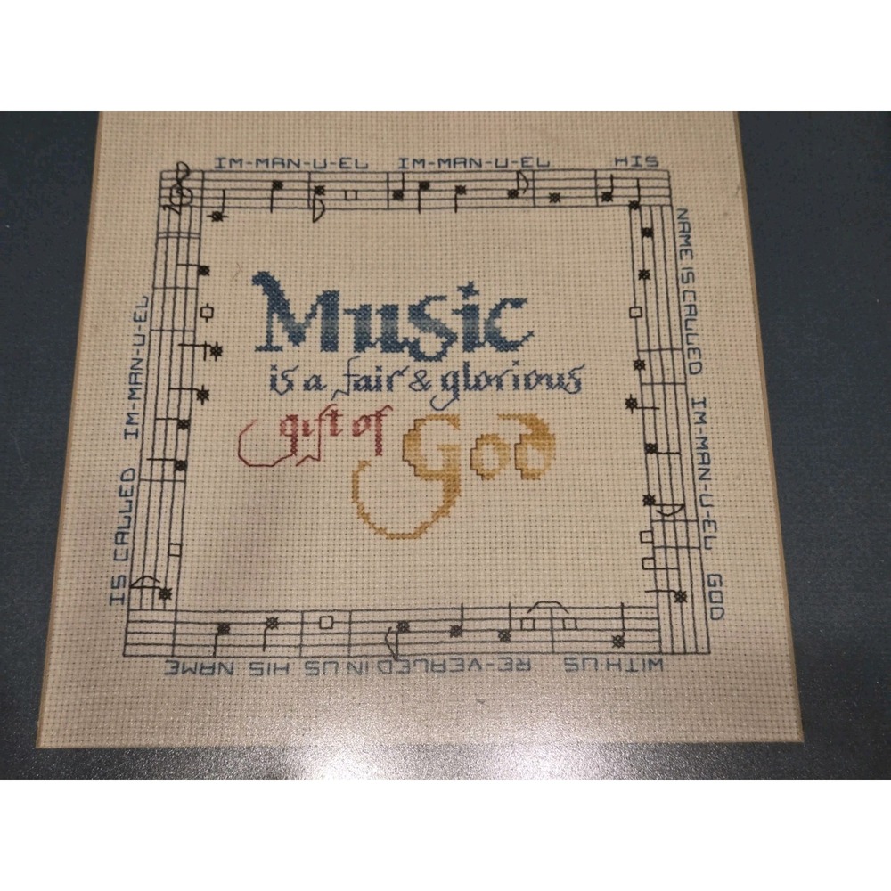 Vintage Framed Needlepoint Wall Art Music is a Fair & Glorious Gift of God